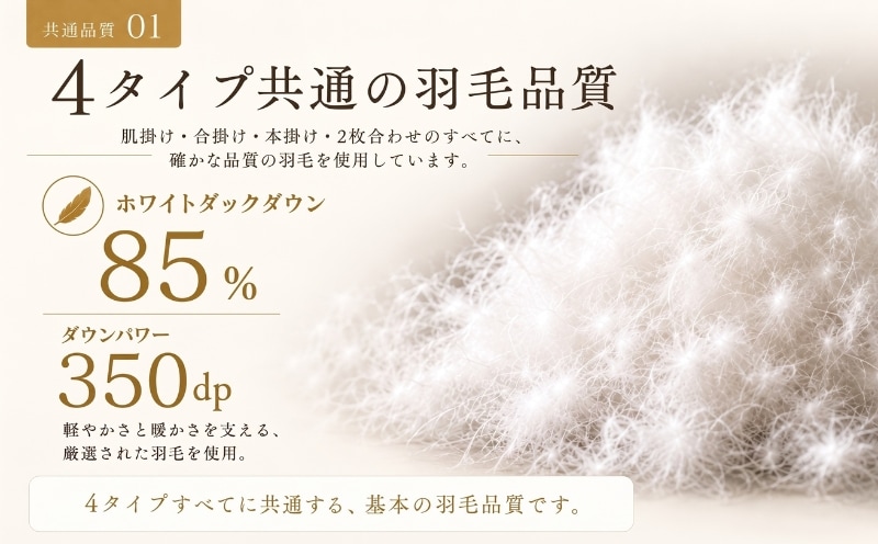 4タイプ共通 ホワイトダウン85％・ダウンパワー350dp