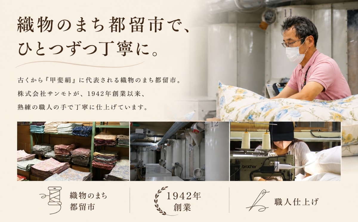 昭和17年創業のサンモトが、山梨県都留市で一つひとつ丁寧に仕立てます