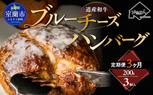 【3ヶ月定期便】道産和牛ブルーチーズハンバーグ（200g）3個入り MROA194
