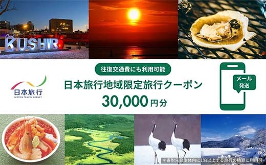 北海道釧路市 日本旅行 地域限定旅行クーポン30,000円分（Eメール発行） チケット 旅行 宿泊券 ホテル 観光 旅行 旅行券 交通費 体験 宿泊 夏休み 冬休み 家族旅行 ひとり カップル 夫婦 親子 トラベルクーポン 北海道釧路市旅行 阿寒湖 道東 釧路湿原 F4F-8281