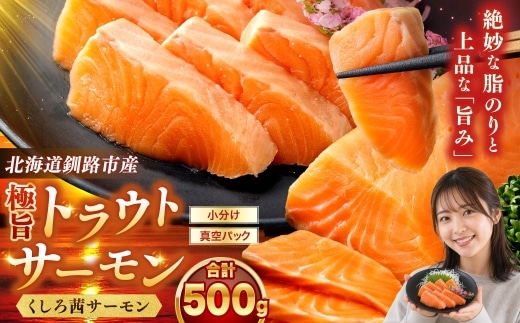 【生食可】極旨トラウトサーモン「くしろ茜サーモン」500g サーモン 鮭 生食 刺身 海鮮 北海道 釧路市 F5F-0109