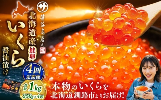 【4ヶ月定期便】 新物 北海道産いくらしょう油漬250g 笹谷商店 小分け パック 醤油漬け 海鮮 海鮮丼 イクラ丼 醤油たれ 冷凍 魚卵 魚介類 グルメ 北海道 釧路市