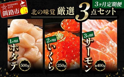 【3か月定期便】北の味覚海鮮3点定期便 いくら250g サーモン400g ほたて500g 海鮮丼 セット 鮭 シャケ サケ 魚卵 海鮮 海鮮セット 海鮮醤油漬 刺身 福袋 定期便 頒布会 3か月 3回