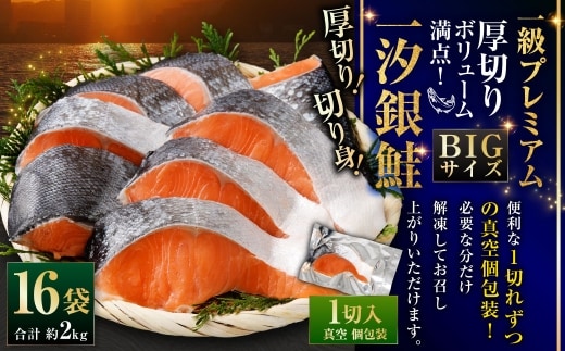 一級品プレミアム BIGサイズ一汐銀鮭切身 厚切り 16袋 （ 約2kg ） 1切ずつ真空個包装 鮭 シャケ 魚介類 海鮮 真空パック おかず おつまみ 晩酌 酒の肴 お惣菜 養殖 チリ産 プレミアムグレード 冷凍