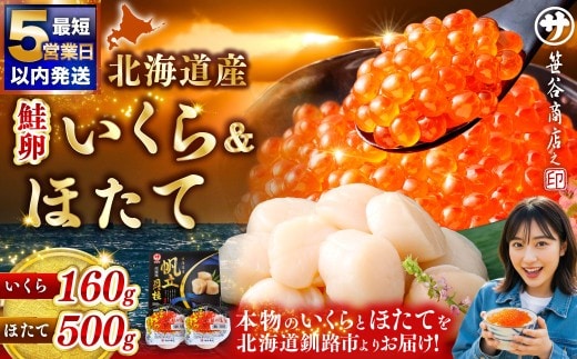【 5営業日以内発送 】北海道産 いくら80g×2+ほたて500g イクラ イクラ醤油漬け 鮭いくら ほたて貝柱 帆立 ホタテ ほたて 海鮮丼 詰め合わせ 海鮮 魚介 お刺身 国産 冷凍 グルメ 北海道 釧路市