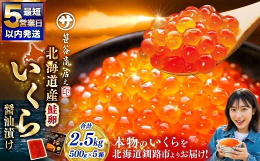【5営業日以内発送】笹谷商店 北海道産 いくら イクラ (鮭) 500g×5箱 2.5kg 2,500g 魚 醤油漬け 海鮮醤油漬け 海鮮 海鮮丼 ギフト 冷凍 魚卵 魚介類 しょう油漬 ご飯のお供
