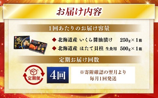 【4ヶ月定期便】 笹谷商店 新物 北海道産 いくら醤油漬け250g&ほたて貝柱500g お刺身 国産 イクラ イクラ醤油漬け 鮭いくら 鮭卵 ほたて貝柱 帆立 ホタテ ほたて 海鮮丼 詰め合わせ 海鮮 魚介 冷凍 グルメ 北海道 釧路市