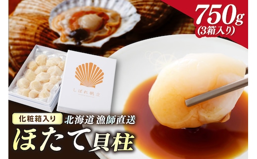北海道漁師直送 最高鮮度3D冷凍ホタテ「しばれホタテ」 化粧箱入り 250g×3箱 ( 海鮮 魚介 魚介類 貝 ほたて 刺身 貝柱 海鮮丼 贈答 ギフト )【197-0005】