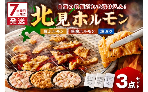 《7営業日以内に発送》北見 ホルモン 3点セット ( 焼肉 ホルモン 肉 にく 味付き肉 )【205-0001】