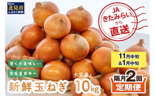 【隔月2回(11月・1月)定期便】JAきたみらいから直送する新鮮玉ねぎ 10kg Lサイズ以上 ( 野菜 定期便 玉葱 たまねぎ 期間限定 )【999-0118-2026】
