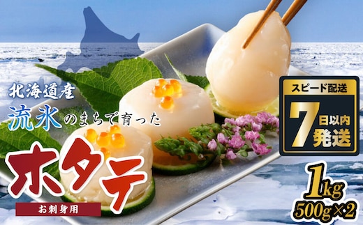 ＜網走前浜産＞無添加ホタテ貝柱【1kg (500gパック×2) 】 ABAI011