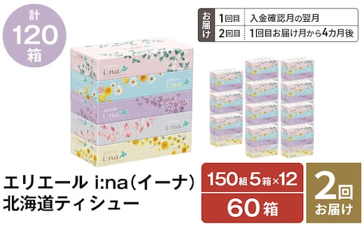 【2回お届け 計120箱】エリエール i:na (イーナ) 北海道 ティシュー 150組5箱 12パック ティッシュペーパー 箱ティッシュ まとめ買い 防災 常備品 備蓄品 消耗品 日用品 生活必需品 送料無料 赤平市 福祉用品 雑貨 