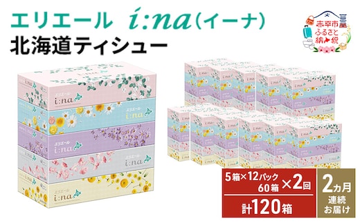 【2ヵ月連続お届け・計120箱】エリエール i:na (イーナ) 北海道 ティシュー 150組5箱 12パック ティッシュペーパー 箱ティッシュ まとめ買い 防災 常備品 備蓄品 消耗品 日用品 生活必需品 送料無料 赤平市