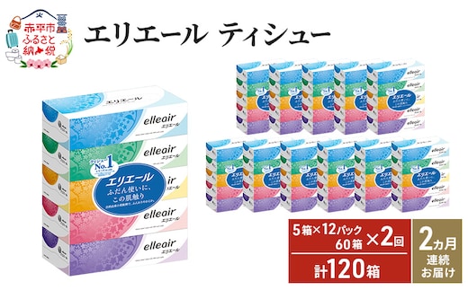 【2ヵ月連続お届け・計120箱】エリエール ティシュー 180組5箱 12パック ティッシュペーパー 箱ティッシュ ボックスティッシュ 紙 まとめ買い 防災 常備品 備蓄品 消耗品 日用品 生活必需品 送料無料 赤平市