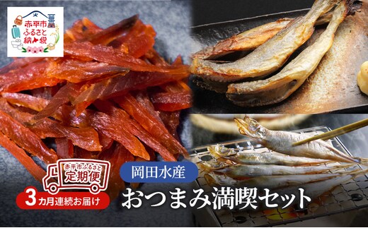 赤平市 ふるさと 定期便 岡田水産 おつまみ満喫セット 3カ月連続お届け おかず おつまみ 揚げ物 魚貝類 干物 加工食品