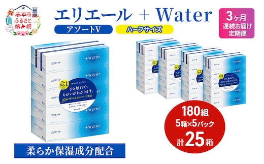 定期便 3ヵ月連続お届け エリエール ハーフサイズ 収納に便利 コンパクト 【少量5パック】 [アソートV]エリエール ＋Water 180組 5箱 5パック 計25箱 ティッシュペーパー 箱 やわらか 保湿成分配合 紙 防災 常備品