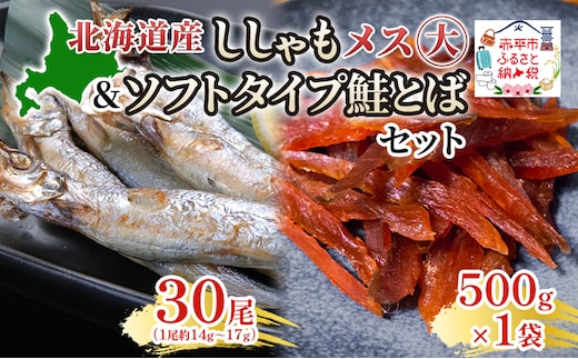 北海道産ししゃもメス大30尾 ソフトタイプ鮭とば「北海道産 鮭燻ソフト」500gセット 北海道 稀少 魚 シシャモ 秋鮭 おつまみ 魚貝類 干物