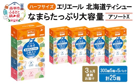定期便 3ヵ月連続お届け エリエール ハーフサイズ 収納に便利 コンパクト 少量5パック [アソートX] 北海道ティシュー 300組 5箱×5パック 計25箱 なまらたっぷり 大容量 防災 常備品 備蓄品 消耗品 日用品