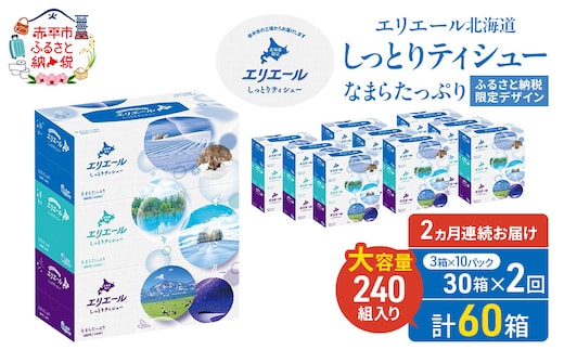【2ヵ月連続お届け・計60箱】エリエール 北海道 しっとりティシュー なまらたっぷり 240組3箱 10パック ふるさと納税限定デザイン ボックスティシュー 箱ティッシュ ペーパー 備蓄品 花粉 保湿成分