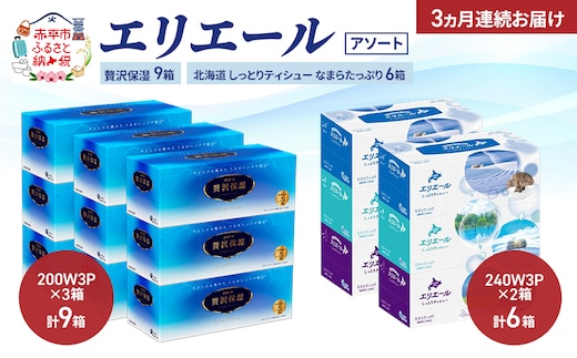 【定期便 3ヵ月連続お届け】エリエール 〈アソート〉贅沢保湿 200W3P 計9箱 北海道 しっとりティシュー なまらたっぷり 240組3箱 計6箱 ティッシュ ペーパー 箱 日用品 生活必需品 保湿成分配合 ティッシュ 紙