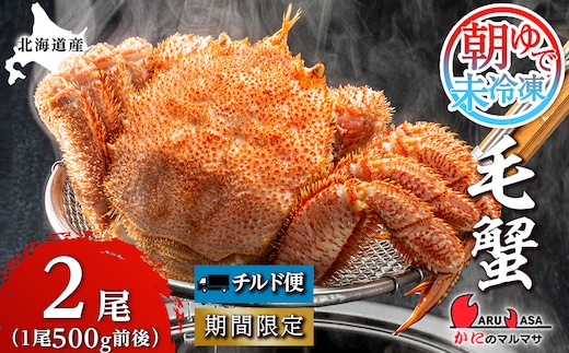 北海道産【朝ゆで】毛ガニ（500g前後）2尾 期間限定！＜かにのマルマサ＞ かに 毛がに カニ 千歳 北海道 海鮮