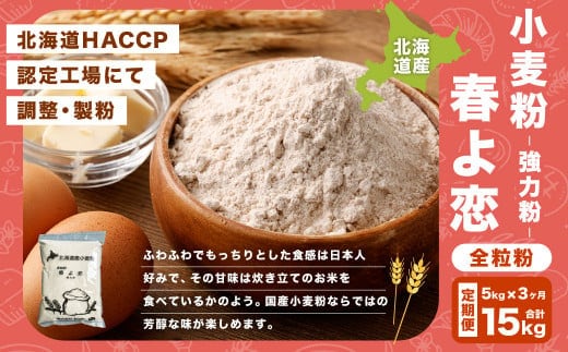 【3ヶ月定期便】北海道産 春よ恋全粒粉【強力粉】 5kg（1kg×5袋） 計15kg 国産 小麦粉 強力粉 強力小麦粉