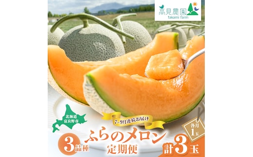 【2026年7～9月連続お届け】3品種 ふらの メロン 定期便 ≪計3玉≫ 北海道 富良野市 (高見農園) メロン フルーツ 果物 新鮮 甘い 贈り物 ギフト 道産 ジューシー おやつ ふらの ブランド 夏