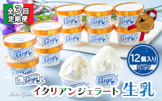 【定期便：全3回】『ジェラテリアGigiのイタリアンジェラート『生乳』【カップ12個入】【43003801】
