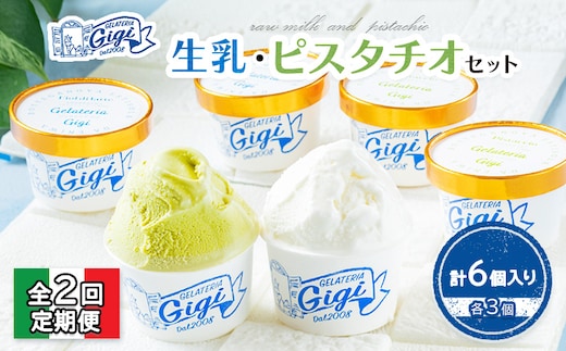 【定期便：全2回】ジェラテリアGigiのイタリアンジェラート『生乳』『ピスタチオ』各3個セット【43003901】