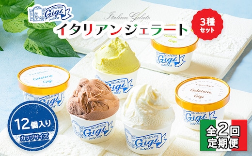 【定期便：全2回】ジェラテリアGigiのイタリアンジェラート3種セット【カップサイズ12個】 牛乳4、ピスタチオ4、チョコレート4【43007302】