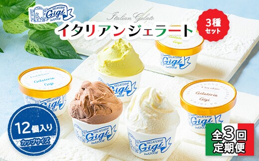 【定期便：全3回】ジェラテリアGigiのイタリアンジェラート3種セット【カップサイズ12個】 牛乳4、ピスタチオ4、チョコレート4【43007402】