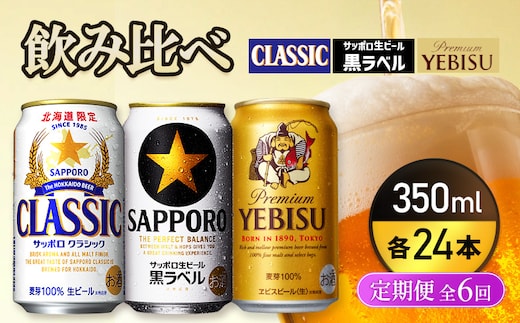 『飲み比べ定期便6回』サッポロクラシック・サッポロ黒ラベル・ヱビスビール 各350ml×24本【9300100018061121】