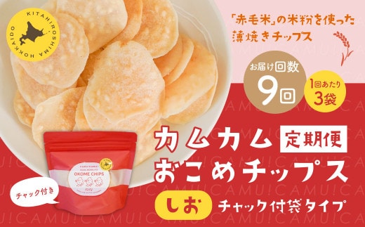 【1ヶ月毎9回定期便】 カムカムおこめチップス（しお） チャック付袋タイプ 計27個 （3個×9回） お菓子 菓子 スナック菓子
