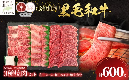 北海道産 黒毛和牛 おぐにビーフ 牧場直送 3種焼肉セット 600g HOKQ002