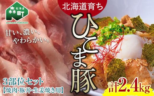 【北海道育ち ひこま豚】3部位セット2.4kg 焼肉・豚丼・生姜焼き用 ＜酒仙合縁 百将＞ 森町 豚肉 とんかつ すき焼き 焼肉 ロース 肩ロース バラ肉 北海道産 セット ふるさと納税 北海道 mr1-0335