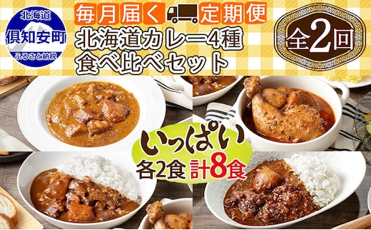 【定期便】毎月1回 計2回 カレー 4種 食べ比べ 8個 中辛 チキンレッグ スープカレー レトルト 業務用 北海道 倶知安町 【定期便・チキンカレー・ビーフカレー】 