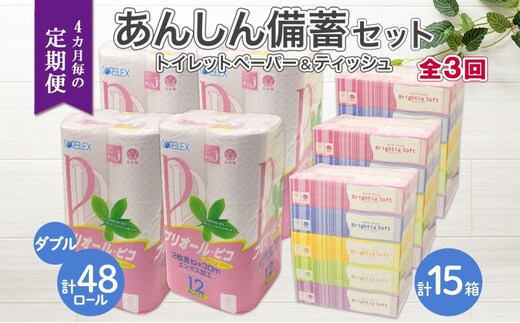 北海道 定期便 4ヶ月毎 全3回トイレットペーパー ダブル 48ロール ティッシュ ペーパー 15箱 リサイクル エコ 日用品 日用雑貨 常備 消耗品 雑貨 備蓄 ストック 送料無料 