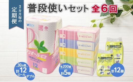 北海道 定期便 2ヶ月毎全6回 普段使いセット トイレットペーパー ダブル 12ロール ティッシュ ボックス 5箱 ポケット 12個 香りなし リサイクル エコ 日本製 消耗品 備蓄 送料無料 雑貨 日用品 福祉用品 