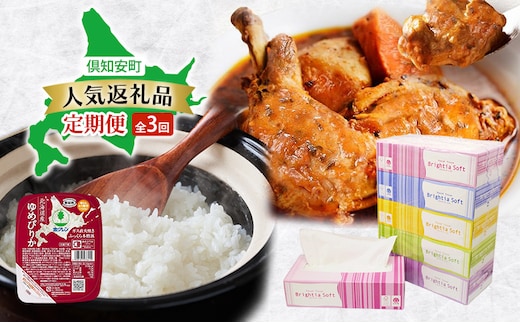 倶知安町 人気返礼品 定期便 全3回 ボックスティッシュ 日本製 まとめ買い ティッシュ 防災 常備品 日用雑貨 消耗品 生活必需品 チキンレッグスープカレー スープカレー 野菜 チキン グルメ ゆめぴりか レトルト ごはんパック ご飯 米 北海道