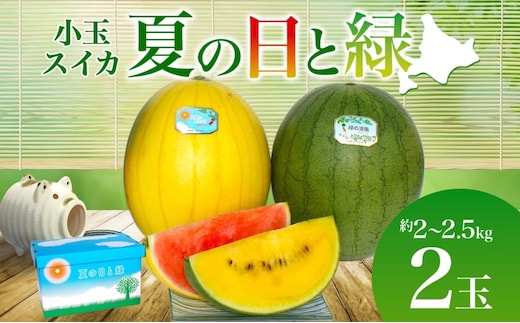 北海道 小玉 スイカ 2種 セット 夏の日と緑 2～2.5kg 2玉 赤色 黄色 2027年7月10日より順次出荷 すいか 果物 フルーツ 旬 西瓜 甘い プレゼント ギフト 自家用 お中元 お取り寄せ 国産 ご褒美 直送 エーコープつきがた