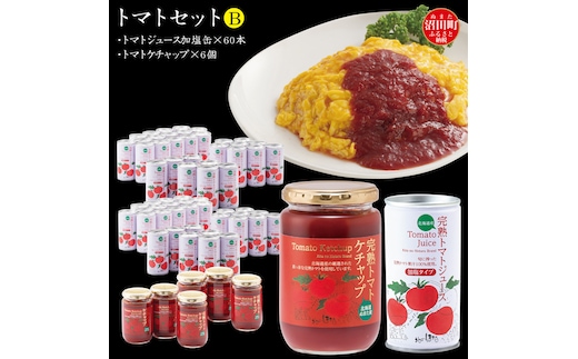 トマトセットB（トマトジュース加塩缶×60本・トマトケチャップ×6個）保存料 無添加 国産 北海道産 n-0059