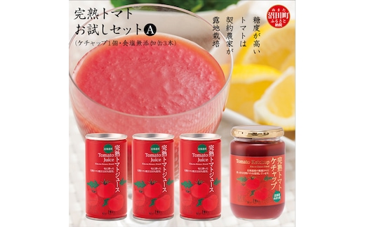 完熟トマトお試しセットA（ケチャップ1個・食塩無添加缶3本）保存料 無添加 国産 北海道産 ヘルシーDo認定 ESSEふるさとグランプリ銀賞 n-0062