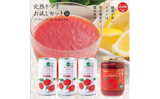 完熟トマトお試しセットB（ケチャップ1個・加塩缶3本）保存料 無添加 国産 北海道産 n-0063