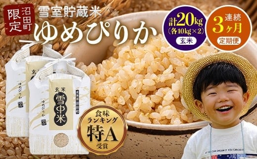 【数量限定】【令和8年6月発送開始定期便】令和7年度産 春摺り 雪中米 ゆめぴりか 玄米 20kg （10kg×2袋） × 3回 計60kg 3か月連続定期便 定期便 定期 米 nr-1402