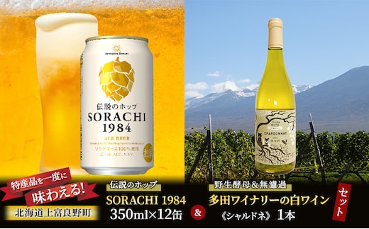 北海道 上富良野 コラボ 返礼品 上富良野町発祥！伝説のホップ「ソラチエース」使用【SORACHI 1984】350ml×12缶×【野生酵母＆無濾過】多田ワイナリーの白ワイン 《シャルドネ》1本