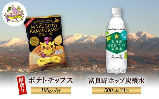 北海道 上富良野 ポテトチップス 100g 4袋 富良野 ホップ炭酸水 500ml × 24本 セット 贅沢 厚切り うすしお 味