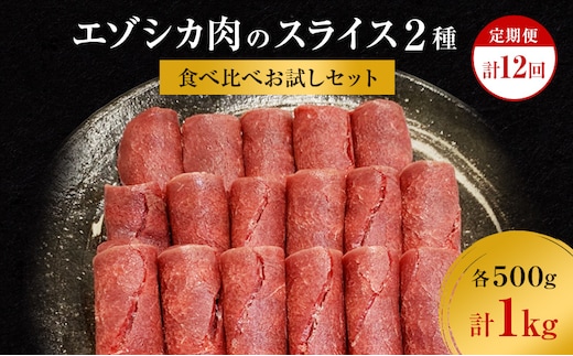 【12か月定期便】エゾシカ肉のスライス2種食べ比べお試しセット(計1kg) 南富フーズ株式会社 鹿肉 ジビエ 鹿 詰め合わせ 肉 北海道 南富良野町 エゾシカ セット 詰合せ 食べ比べ 