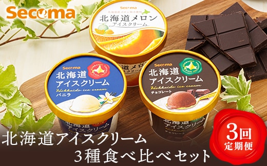 【定期便：3回】Secoma 北海道アイスクリーム3種食べ比べセット（バニラ・メロン・チョコレート）【01105】