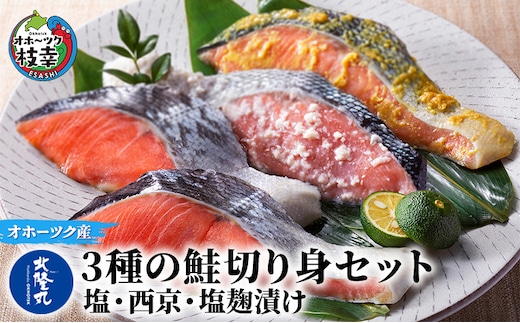 北隆丸 3種の鮭切り身セット（塩・西京・塩麹）オホーツク枝幸産【 鮭 サケ サーモン 切り身 干物 魚貝類 魚介類 漬け 漬魚 塩漬け 味噌漬け 西京漬け 加工食品 北海道 オホーツク 枝幸 】