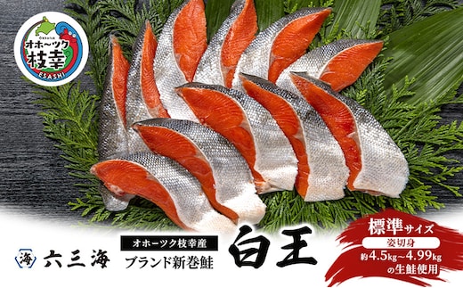 12月発送開始/先行予約 オホーツク枝幸産 ブランド新巻鮭「白王」標準サイズ（姿切身 約4.5kg～4.99kgの生鮭使用）職人手切り加工［六三海］【 鮭 サケ 切身 新巻 塩漬け おかず お弁当 北海道 オホーツク 枝幸 】